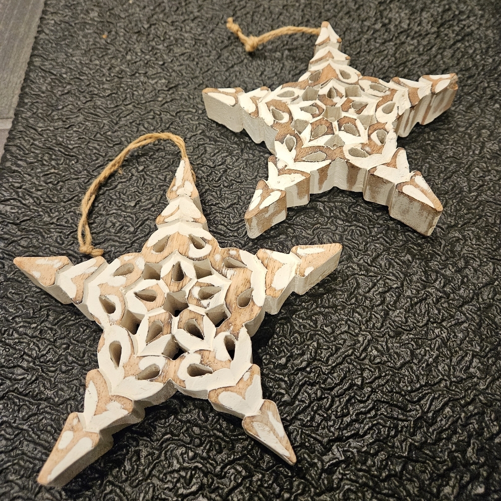 Pair White Washed Wood Snowflake Ornament Decor Farmhouse Holiday Decoration - Picture 3 of 7
